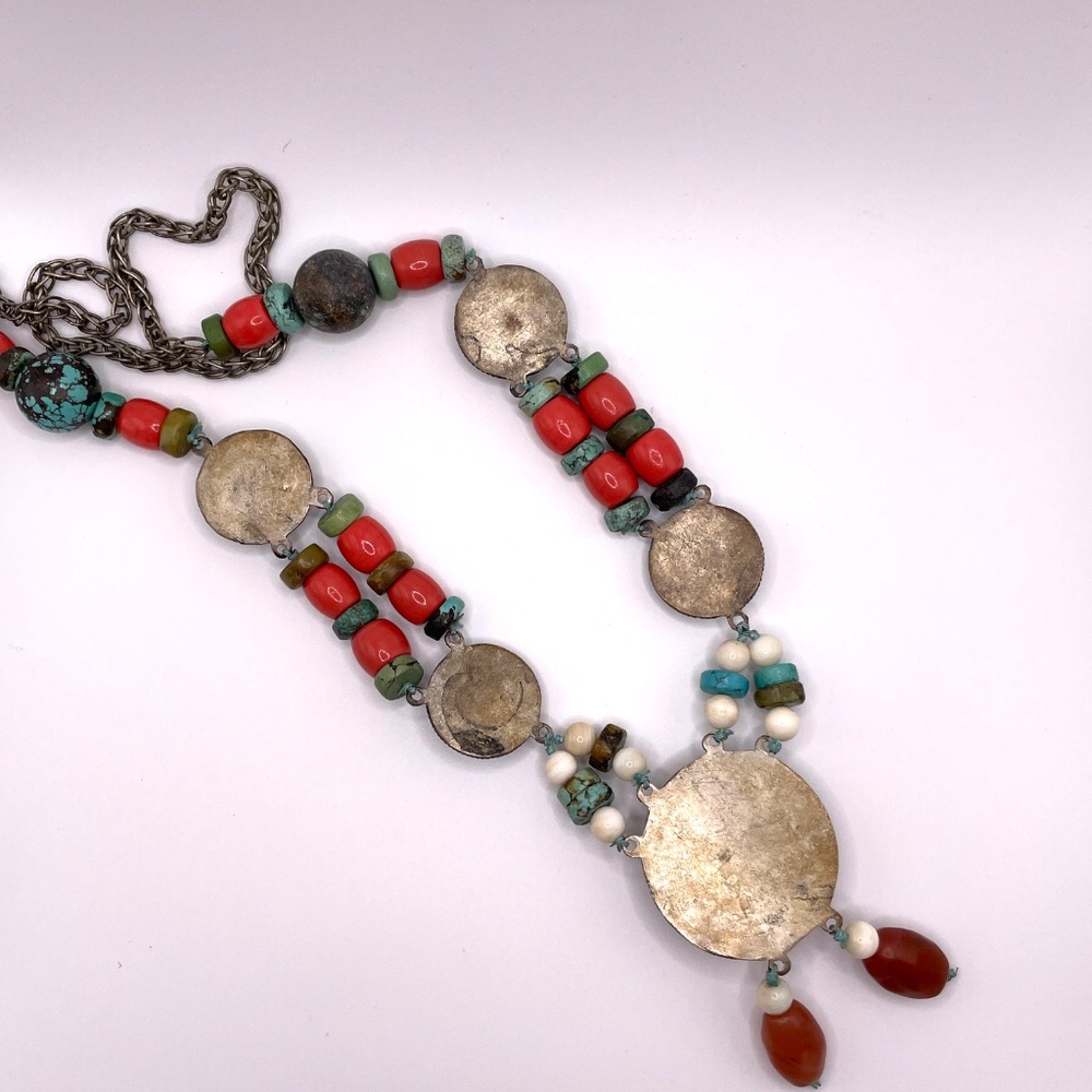 Vintage Tibetan Nepalese Style Turquoise Coral Stone Statement Necklace - Picture 9 of 13